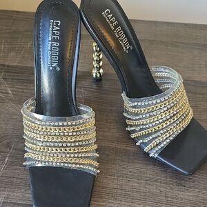 Cape Robbin Black and Gold Strappy Heels